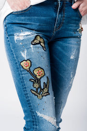 Skinny Rip Jeans With Embroidered Patches