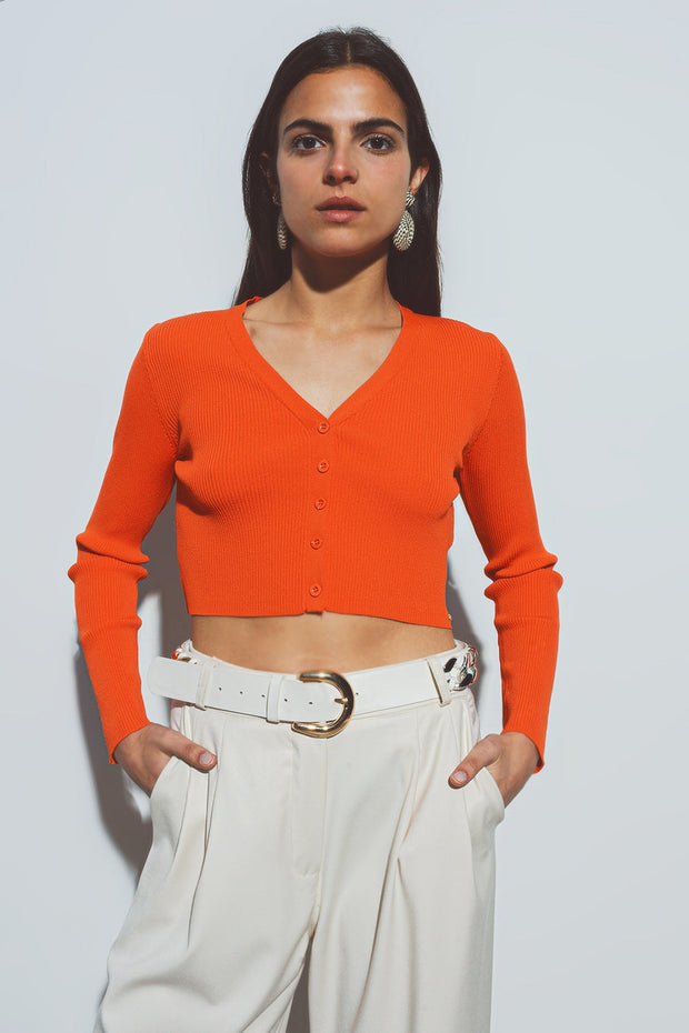 Short Ribbed Cardigan in Orange