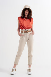 Elasticated Paper Bag Waist Mom Jean in Beige