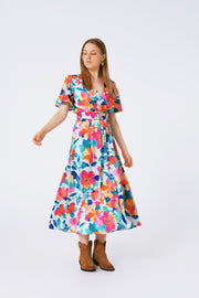 Belted Soft Satin Maxi Dress With Flower Print