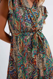 Dressed Ruffle Hem Midaxi Dress in Paisley Print in Green