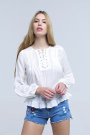 White Lace Up Top With Ruffle Detail