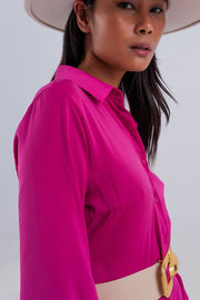 Slouchy Plunge Shirt Maxi Dress in Hot Fuchsia