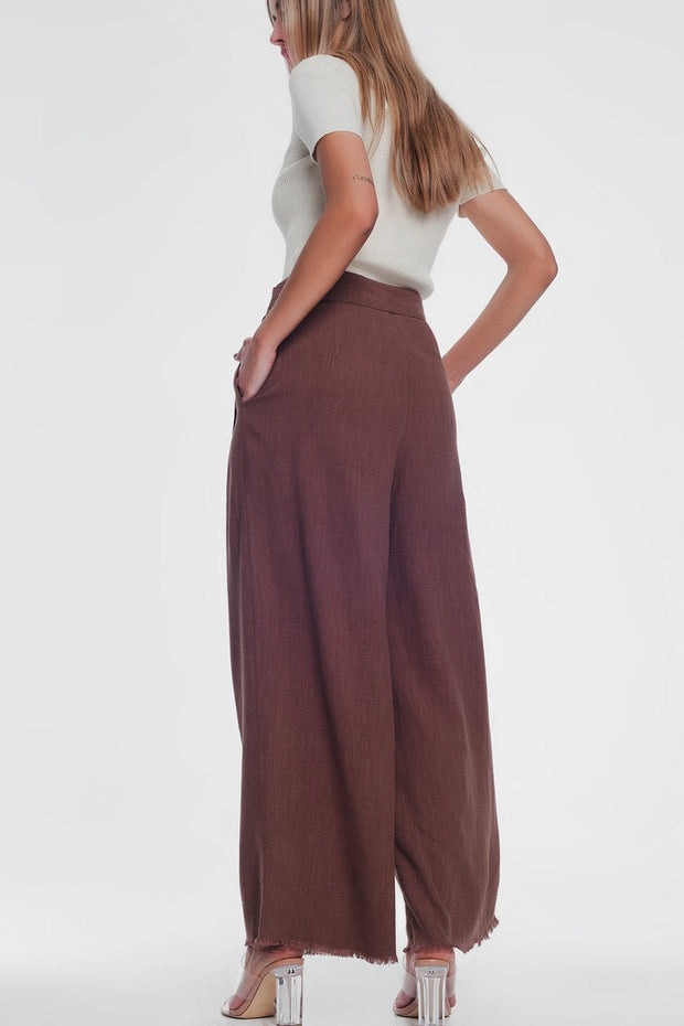 Belted High Waist Wideleg Trouser in Brown