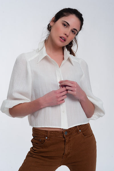 Cropped Shirt With Puff Sleeve in Cream