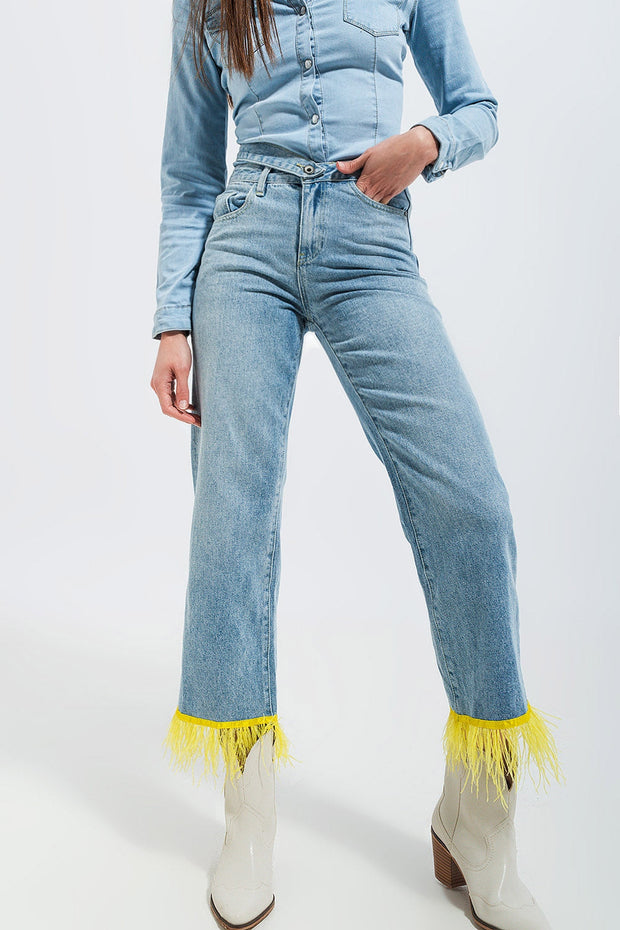 Straight Leg Jeans With Yellow Faux Feather Hem