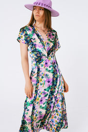 Flower Print Front Knot Maxi Dress in Purple and Green Multicolour