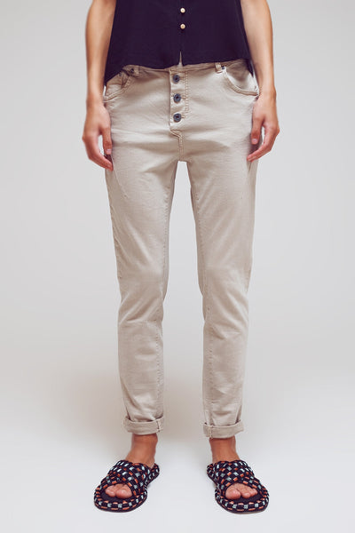 Exposed Buttons Skinny Jeans in Beige