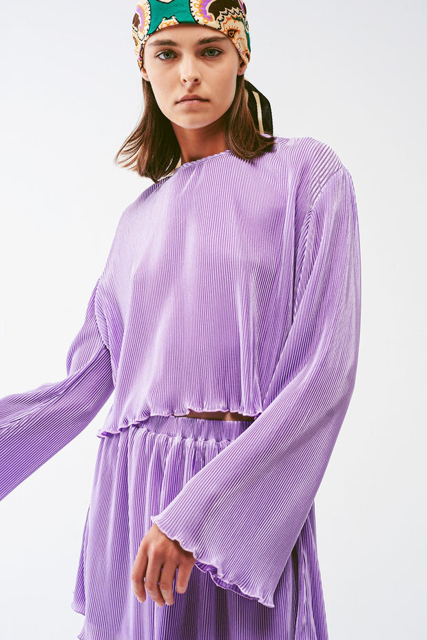 Pleated Round Neck Crop Top in Lilac