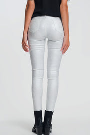 Super Skinny High Waisted Pants With Silver Sparkle in White