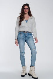 Button Front Cropped Knit Cardigan in Light Gray