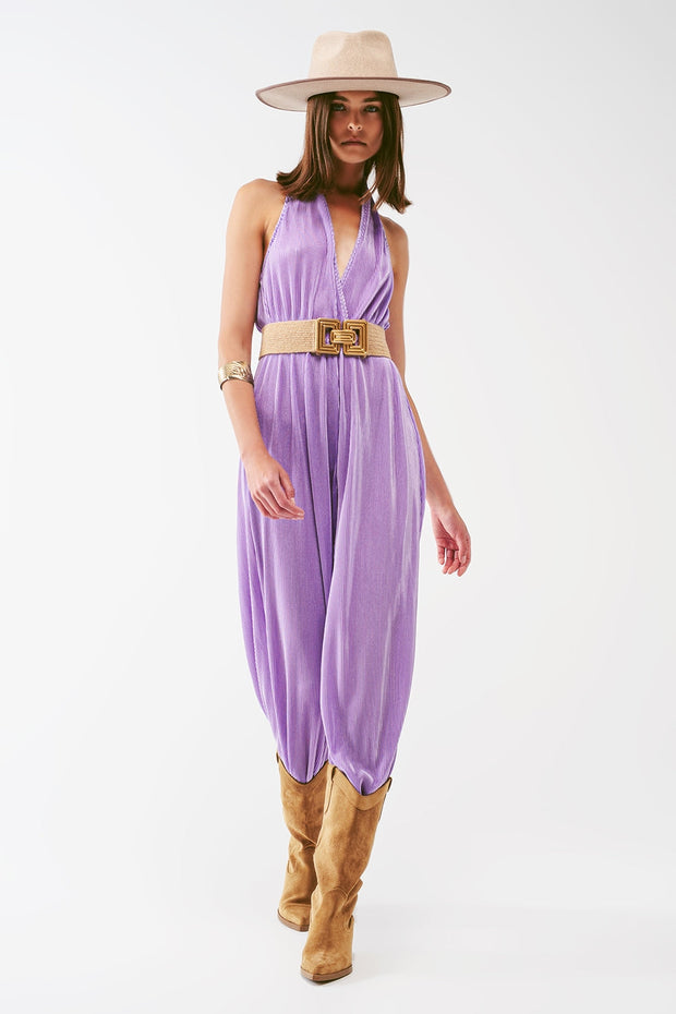 Satin Halter Neck Pleated Maxi Jumpsuit in Lilac