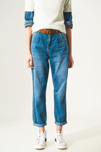 Straight Leg Jeans With Darts at the Waist in Medium Blue