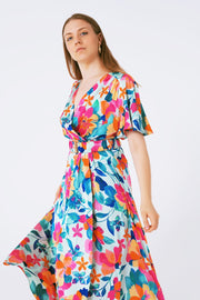 Belted Soft Satin Maxi Dress With Flower Print