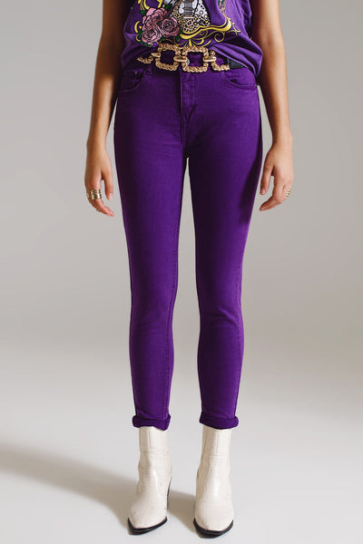 Purple Ankle Skinny Jeans With Soft Wrinkles