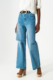 High Waist Straight Leg Jeans With Ripped Knee in Blue