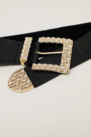 Black Elastic Belt With Buckle and Metal Tip With Rhinestones