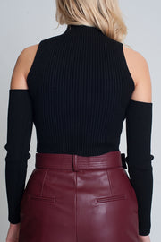 Black Cut Out Rib Sweater in Fine Knit