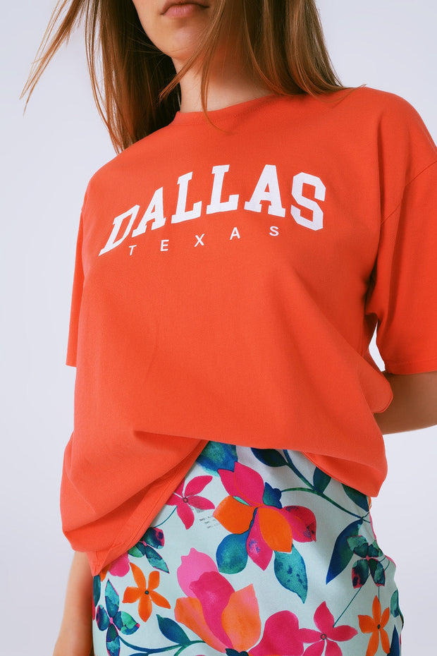 T Shirt With Dallas Texas Text in Orange