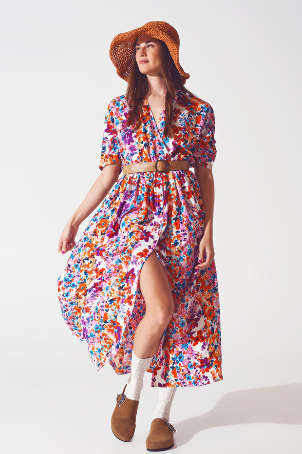 V Neck Midi Dress in Floral Print