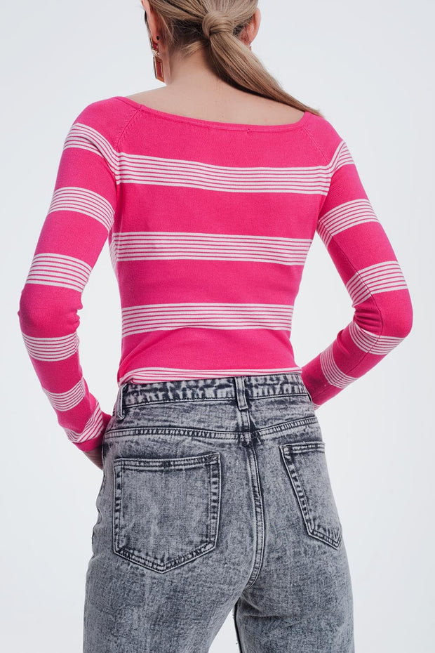 Fuchsia Striped Sweater With Boat Neck