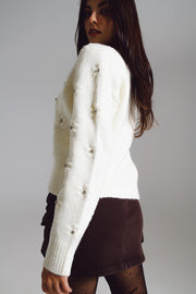 Cream Cardigan With Knitted Flowers and Embellished Details