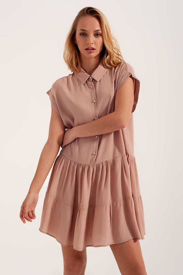 Tiered Hem Shirt Dress in Light Pink