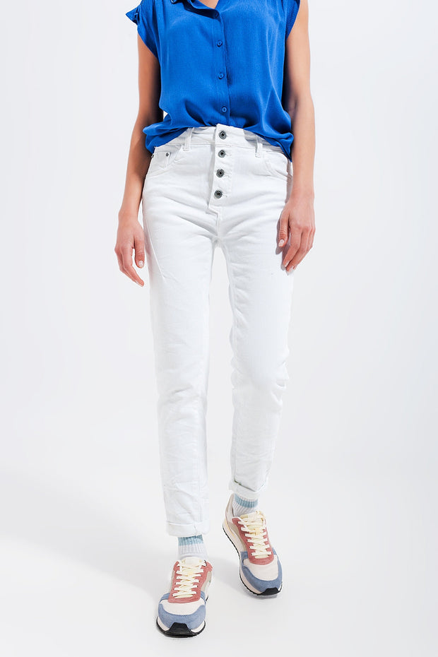 Exposed Buttons Skinny Jeans in White