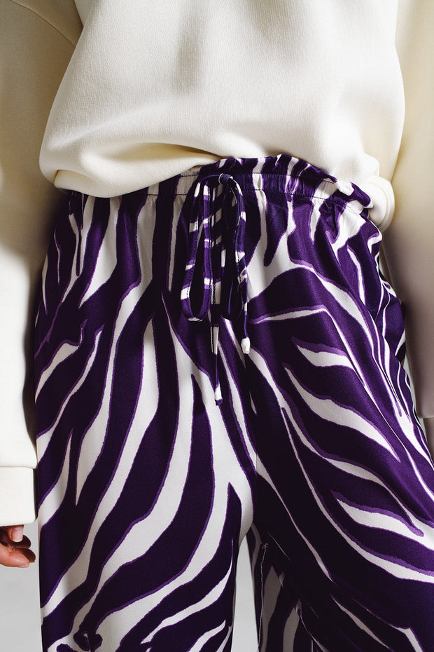 Straight Pants With Zebra Print in Purple and White