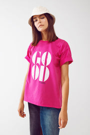 T-Shirt With Good Vibes Text in Fuchsia