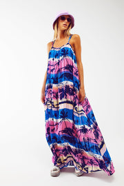 Relaxed Open Back Maxi Dress in Tropical Blue Print