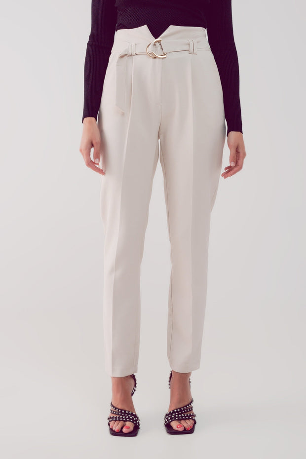 Cigarette Pants With Paper-Bag Waist in Cream