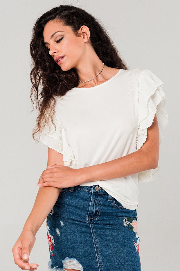 Pleat Ruffle Sleeve Top in White