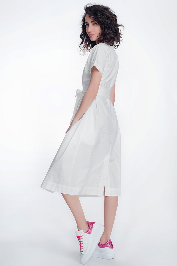 White Poplin Shirt Dress With Belt and Short Sleeve