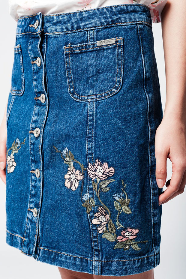 Denim Skirt With Flower Embroidery and Front Buttons