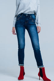 Dark Wash High Waist Jeans With Rhinestone Details