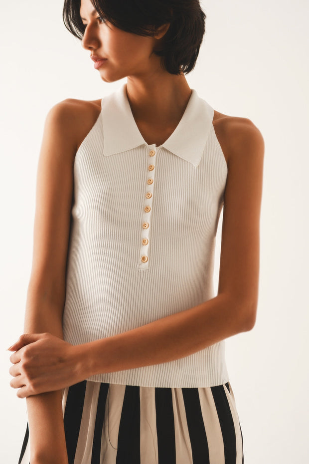 Ribbed Knitted Top With Polo Neck in Cream