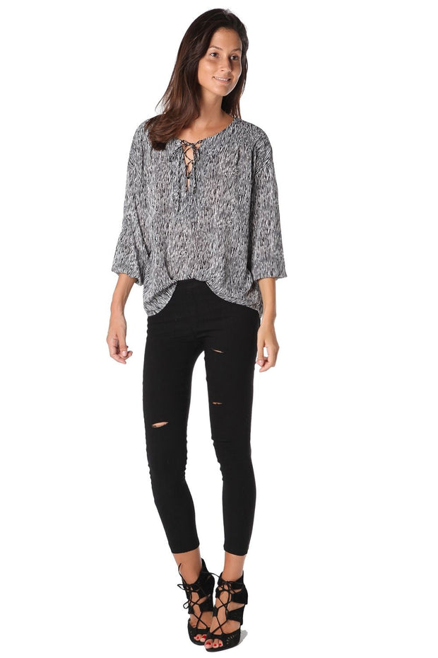 Black Lace Up Shirt With Fleck