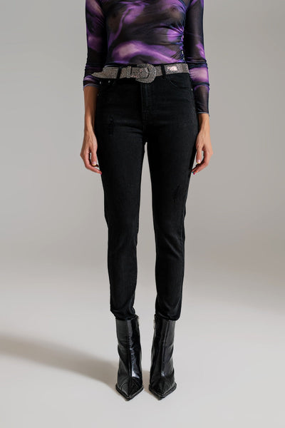 High Waisted Skinny Jeans Distressed at the Hem in Black