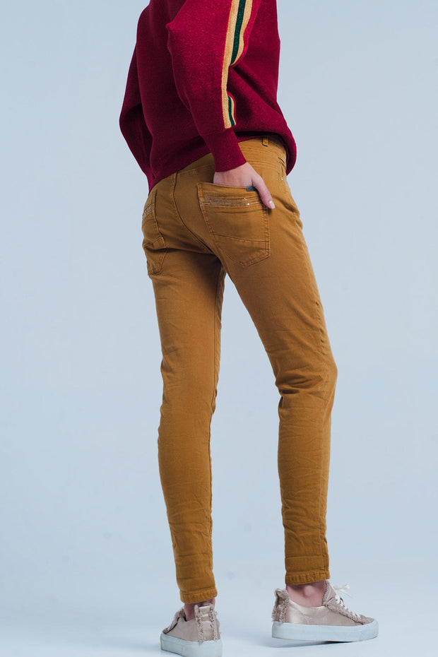 Mustard Skinny Pants With Sequins and Buttons