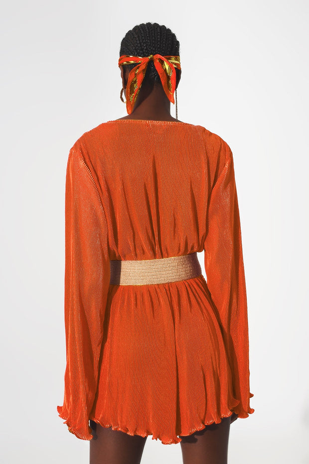 Satin Wrap Deatil Pleated Short Jumpsuit in Orange