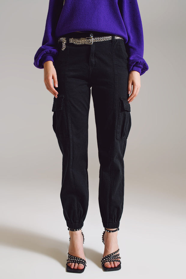 Black Cargo Pants With Elasticated Waist and Hem