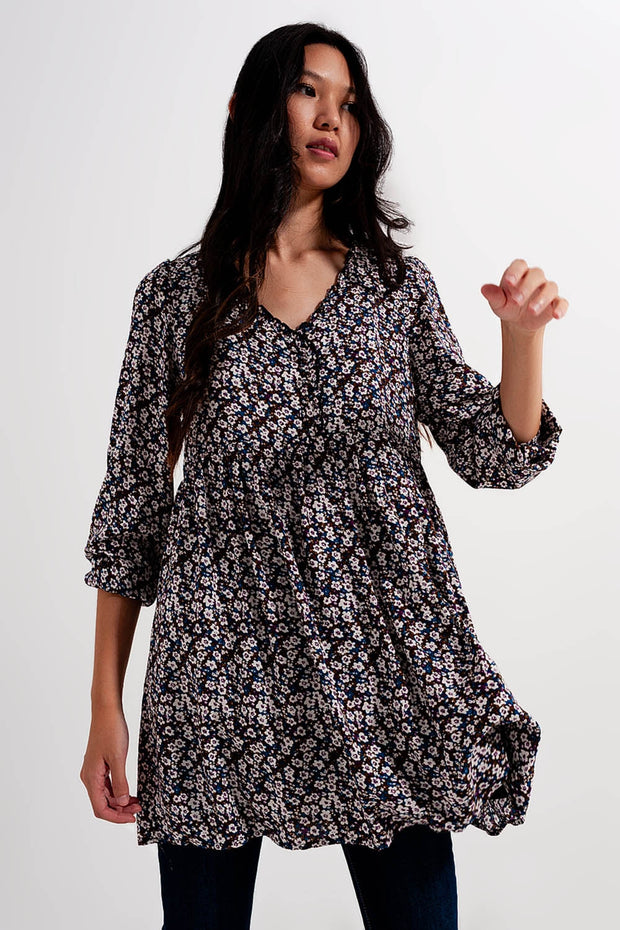 Button Through Mini Dress in Brown Floral