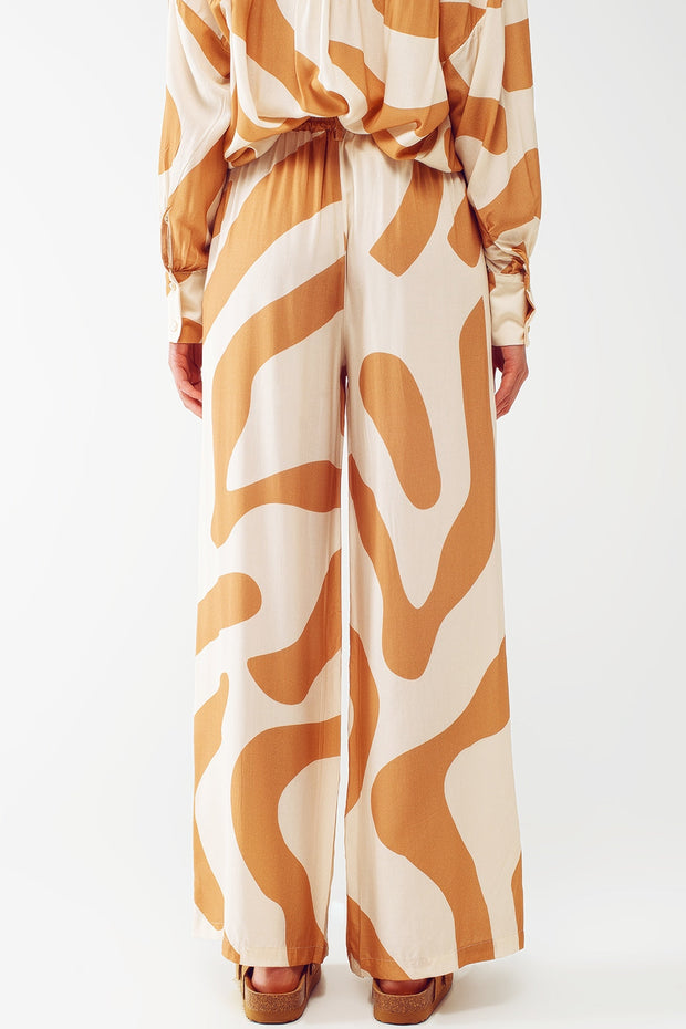 Relaxed Wide Leg Pants in Beige Abstract Print