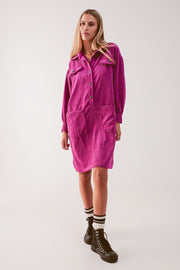 Cord Mini Shirt Dress in Fuchsia