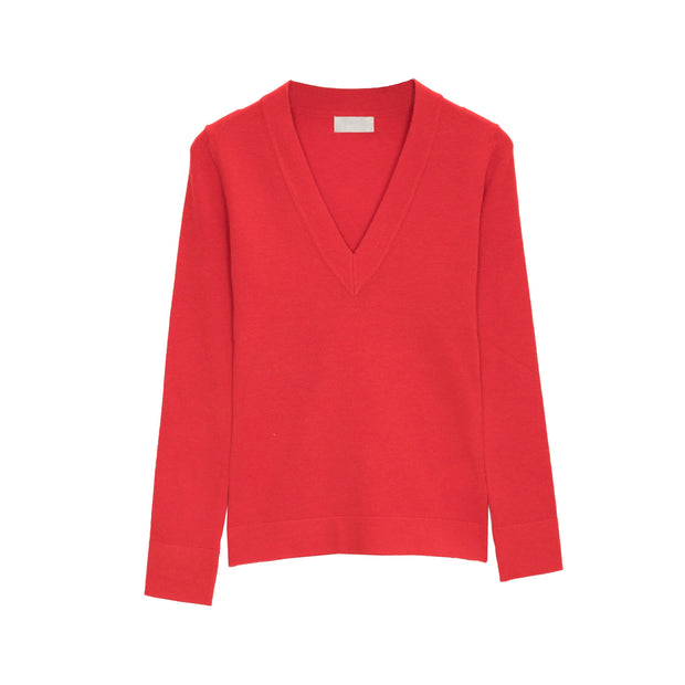 V Neck Fine Knit Jumper in Red