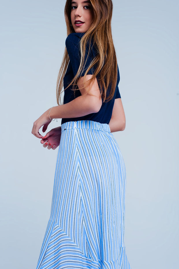 Blue Stripe Asymetric Hem Midi Skirt