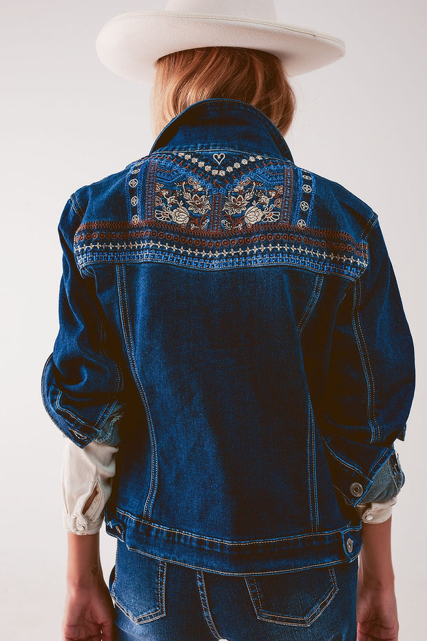 Embroided Back Denim Jacket in Dark Blue