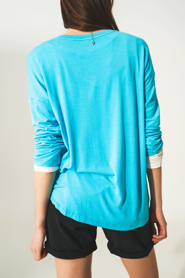 Blue Long Sleeve v Neck Top in Modal