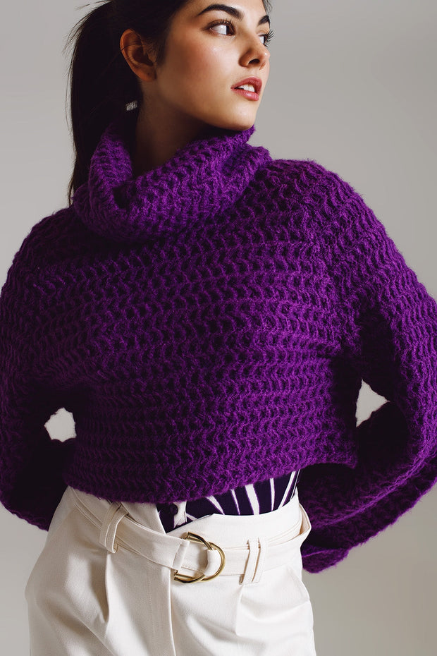 Waffle Knit Jumper With Turtle Neck and Rolled Cuffs in Purple